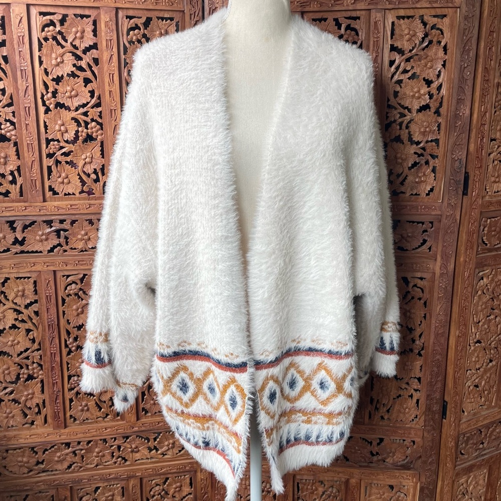 Cozy Ivory Fuzzy chenille Open Boxy Knit Sweater Cardigan with Western Trim